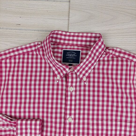 Charles Tyrwhitt Shirt Mens XL Pink Gingham Check Non Iron Slim Fit Preppy Dad - Picture 2 of 6